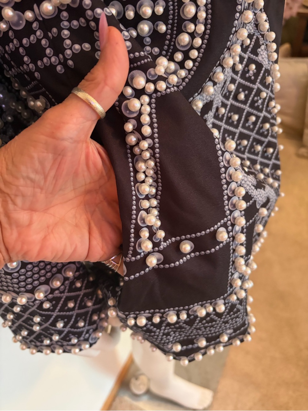 #719 Elegant Pearl Beaded Black & White Beaded Blazer/Dress. Like New - Picture 9 of 16